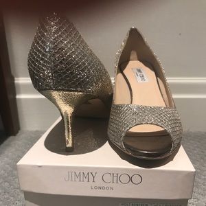 Jimmy Choo size 11/12 peep toe silver pumps